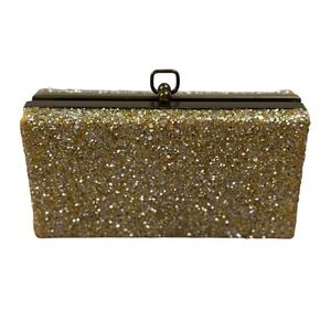 J. Crew Gold Glitter Minaudiere Box Clutch Evening Bag Brass Frame